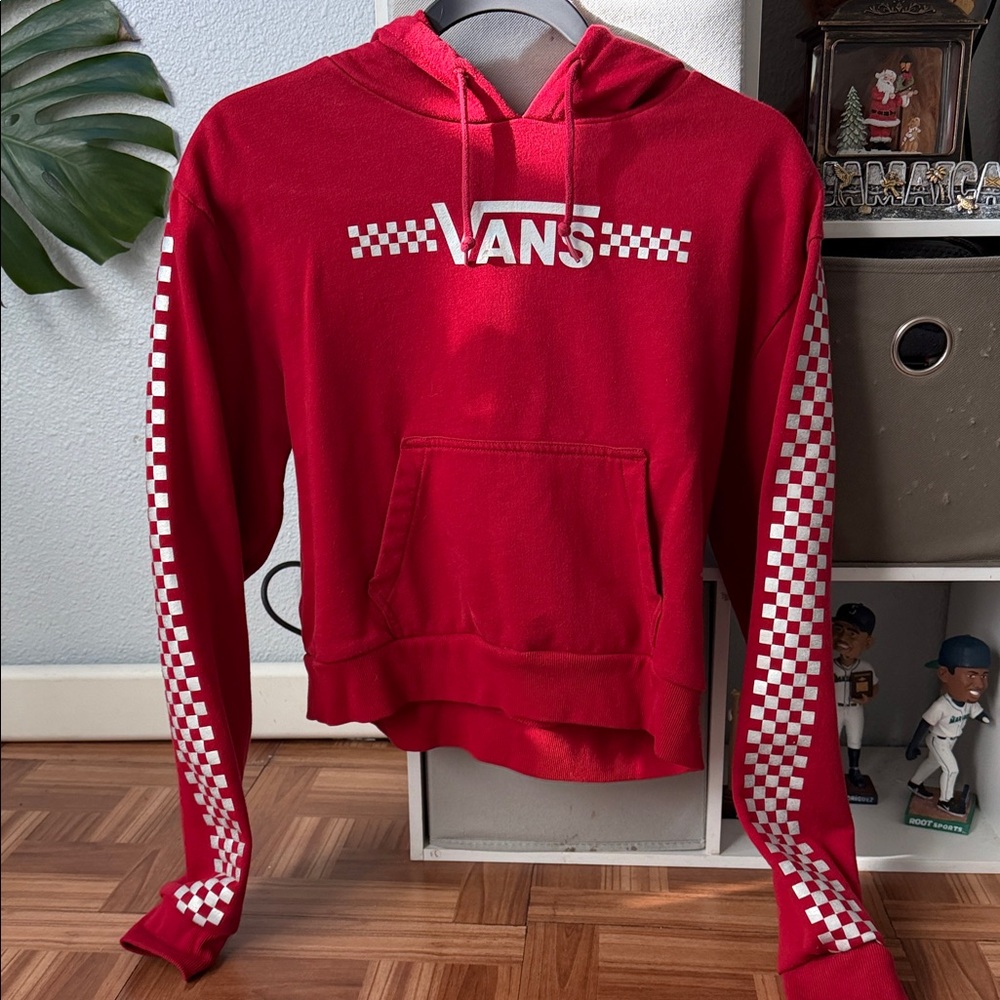 Vans Red Hoodie with White Checkerboard Sleeves